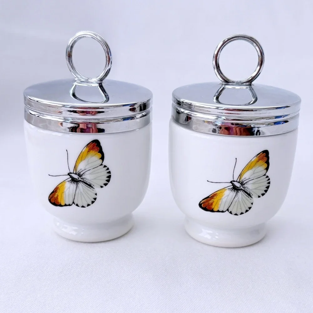 Royal Worcester England Porcelain Egg Coddlers Strawberry Fair Butterfly w/ Lids
